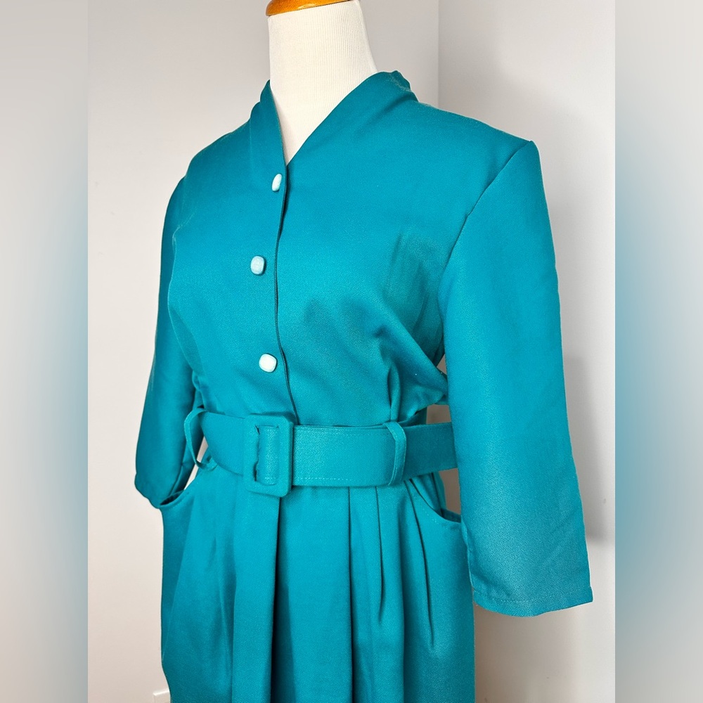 Vintage Teal Belted Midi Dress - Picture 3 of 12